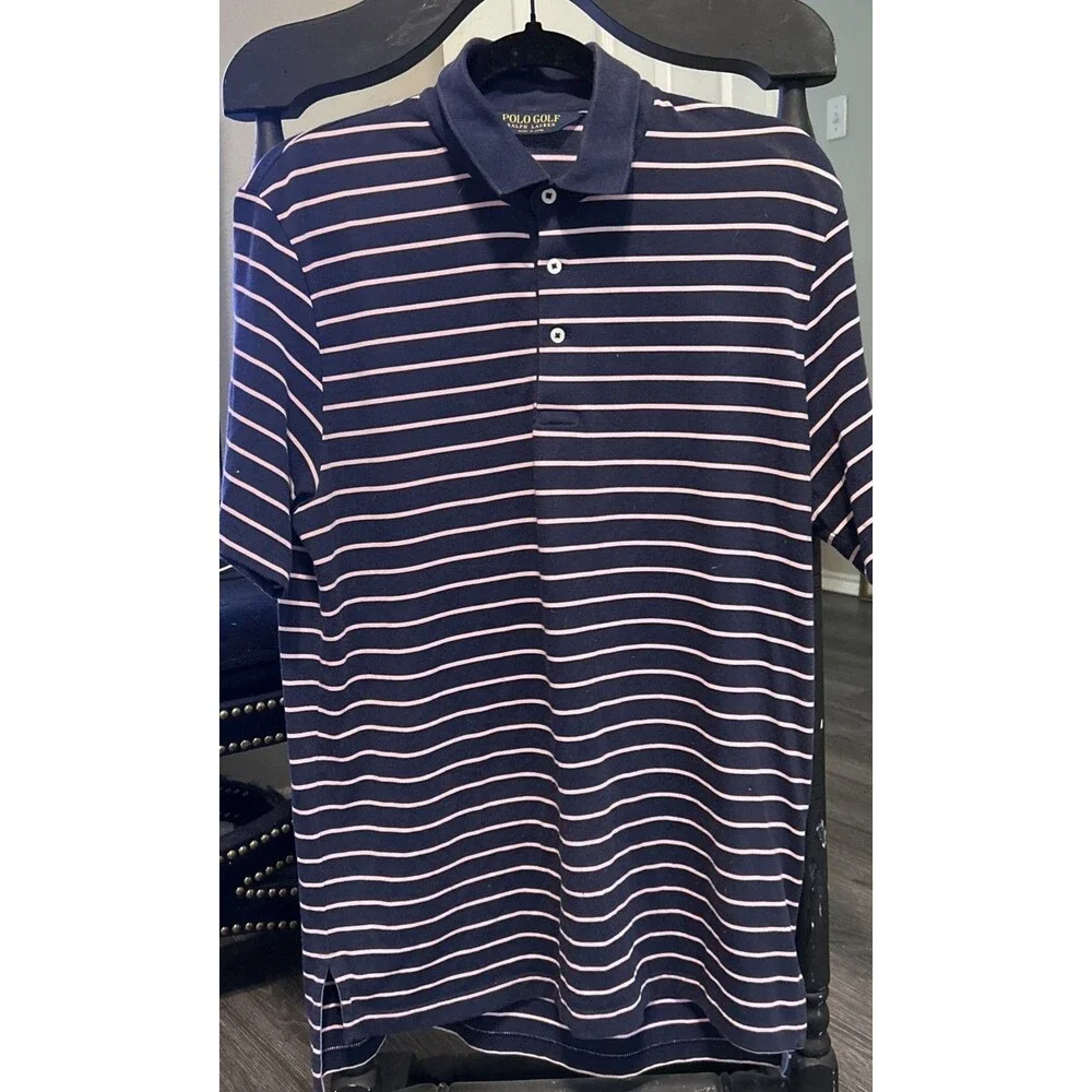 Polo Golf Ralph Lauren Mens Small Pima Cotton Navy Blue Pink Stripe Preppy
